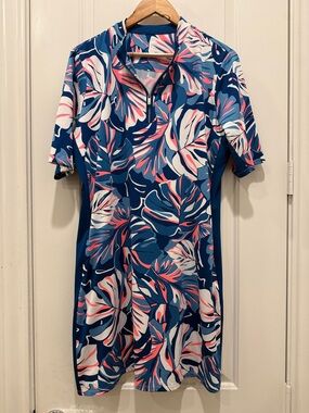 Tail Zaya Blue Tropical Print Short Sleeve Mini Dress with Pink & White Leaves